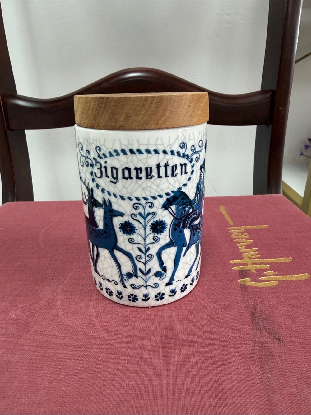 Blue White Ceramic Canister with Wooden Lid - "Zigaretten"
